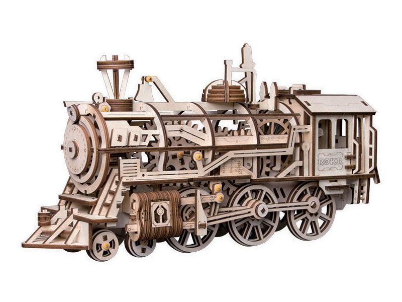 Mechanical Wood Models; Steam Locomotive - with wind-up spring Robotime ROKR 3D wooden puzzle kit